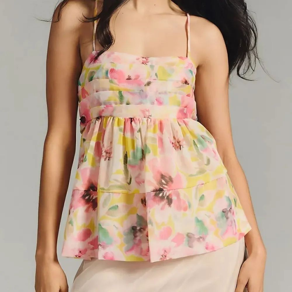 MISA Mariposa Chiffon Floral Babydoll Top Medium Multicolor NEW MSRP $275